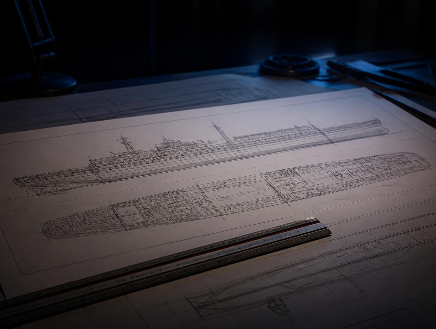 Prancha de desenho técnico naval sob luz de mesa