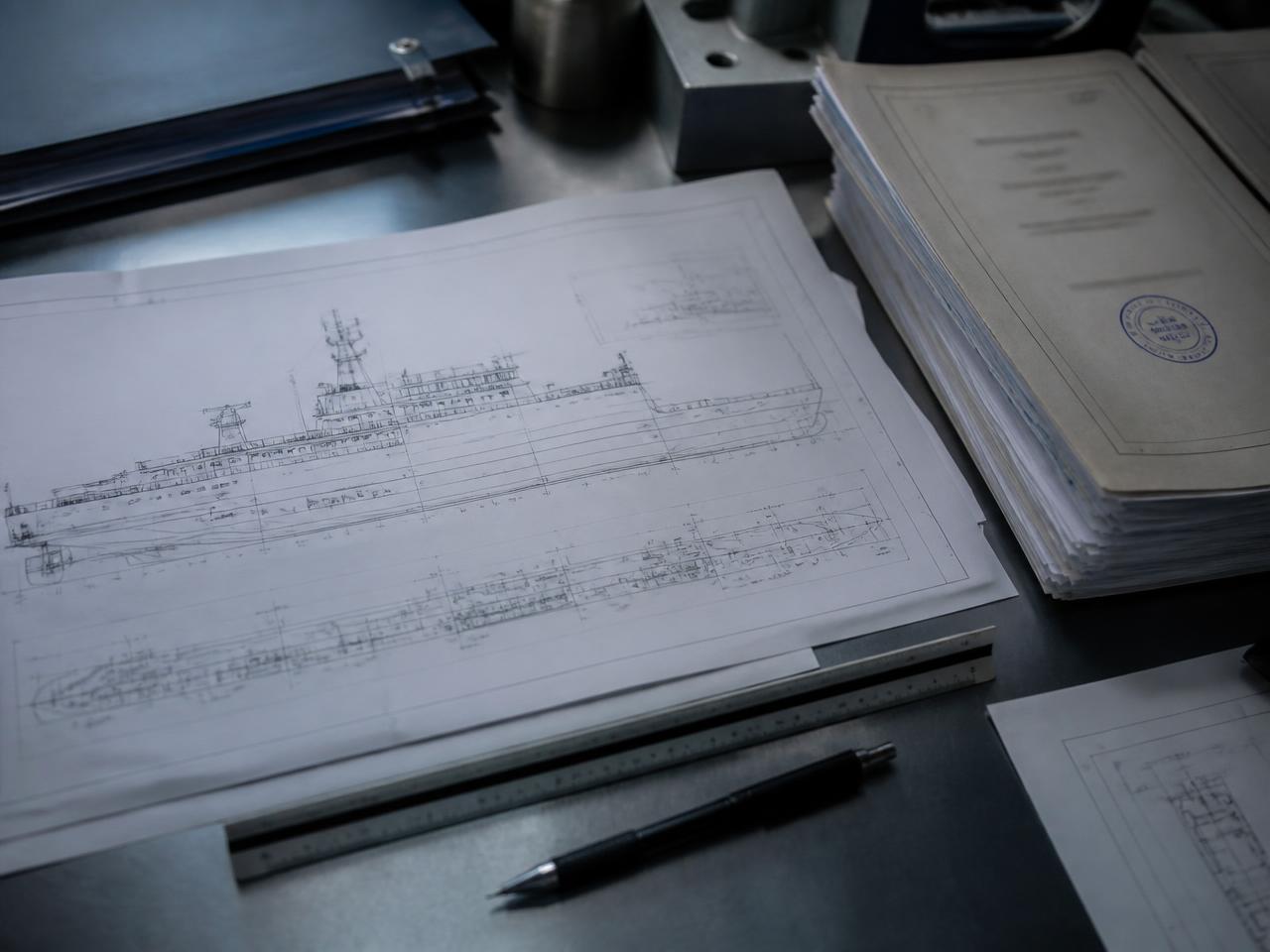 Desenhos e dossiê técnico de embarcação sobre bancada